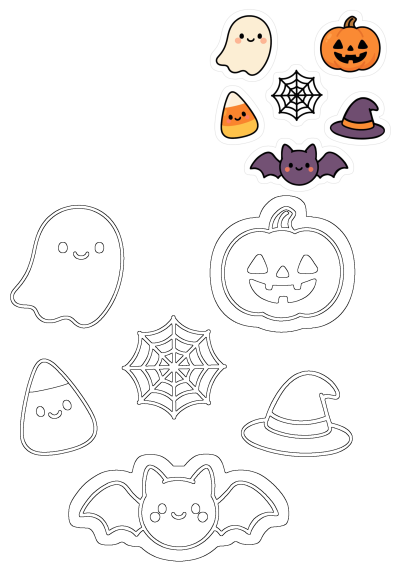 Cute cartoon style Halloween stickers including a ghost, pumpkin, bat, spiderweb, candy corn and witch hat. Perfect for spooky season.