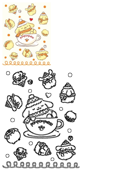 Drawing of Pompompurin in a cup, labeled 'POMPOMPURIN,' surrounded by smaller Pompompurin images. Cute Sanrio kawaii art.