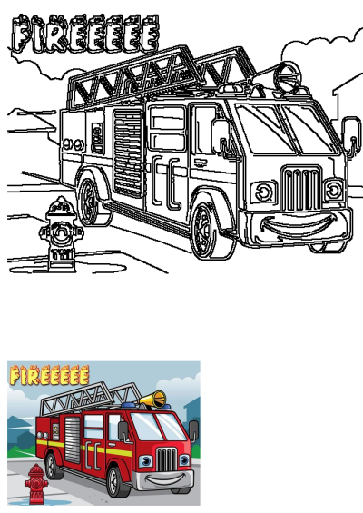 A cartoon firetruck is driving down the street. This cute, smiling fire engine cartoon features a hydrant on a city street. 