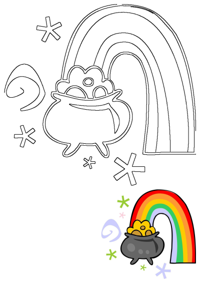 A cartoon illustration of a pot overflowing with gold coins next to a vibrant rainbow. Perfect for St. Patrick's Day designs or illustrations.