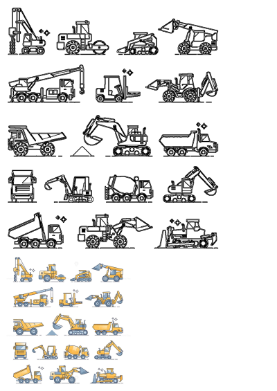 Illustration of various construction vehicles, including excavators, trucks, bulldozers, and cranes. Different types of construction vehicles are shown in this illustration