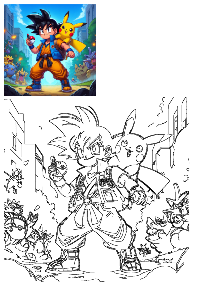 Cartoon image of Goku holding a Pokeball, with Pikachu on his shoulder, in a Pokemon adventure setting. Fusion of Dragon Ball and Pokemon.