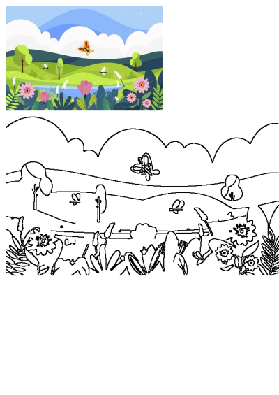 A beautiful cartoon landscape illustration filled with colorful flowers, fluttering butterflies, green fields and a peaceful, idyllic scene.