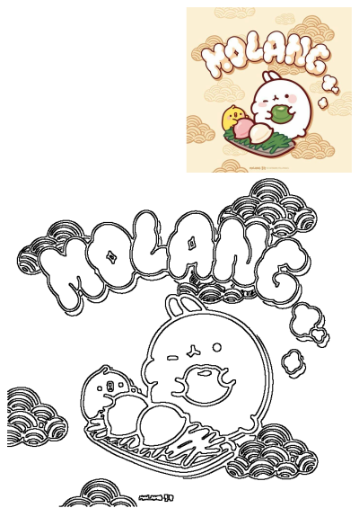 Cute kawaii image of Molang, an animal with food in its mouth, having mochi and other food. The word 'Molang' is written above it.