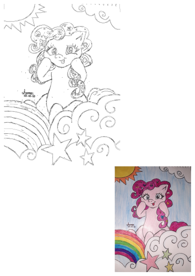 Drawing of Pinkie Pie, a pink pony from My Little Pony, sitting on a rainbow with clouds and stars. A unicorn sitting on a rainbow.