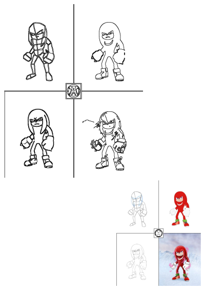 Knuckles, Sonic the Hedgehog, drawing tutorial. Image displays the evolution of the character from a sketch to a fully rendered image.