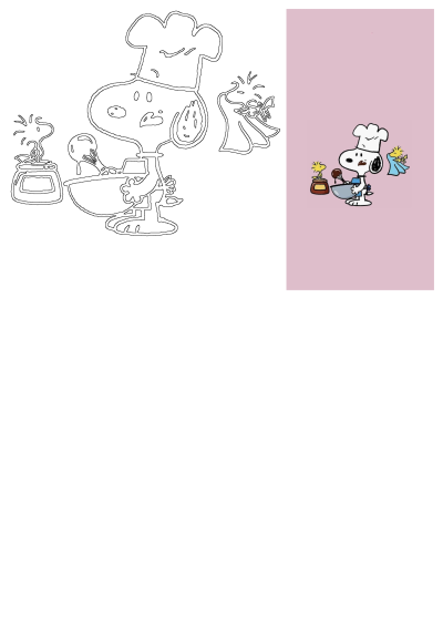 Snoopy wearing a chef hat and cooking with Woodstock friends, mixing ingredients in a bowl, cute cartoon image.