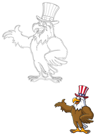 Cartoon illustration of an eagle wearing a patriotic top hat. The eagle holds his arms out and has one foot slightly in the air.