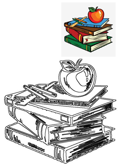 Illustration of an apple sitting on top of a colorful stack of books, with pencils and a ruler, symbolizing learning and education.