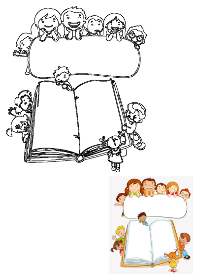 Cartoon illustration: an open book with children around it. A blank sign at the top offers space for text or a message. Great for education related articles.