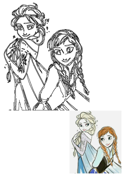 Sketch of two Frozen princesses, Elsa with long hair and Anna with braids, showcasing their distinctive looks from the beloved movie.