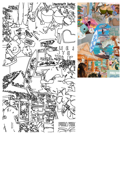 A vibrant collage with people, surfboards, tropical destinations and the phrase 'pura vida'. Image showcases a beachy, carefree lifestyle.