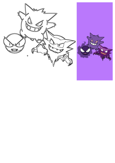 Three cartoon characters from Pokémon, Ghastly, Haunter, and Gengar, are standing next to each other on a purple background. One is looking at the camera.