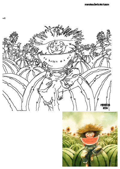 A charming watercolor painting of a boy holding a juicy watermelon in a lush green field, wearing a straw hat and overalls. Summertime fun and freshness!