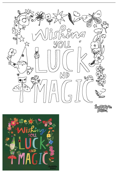 Colorful illustration wishing you luck and magic, featuring a gnome, ladybugs, clovers, flowers and whimsical lettering on a green background.