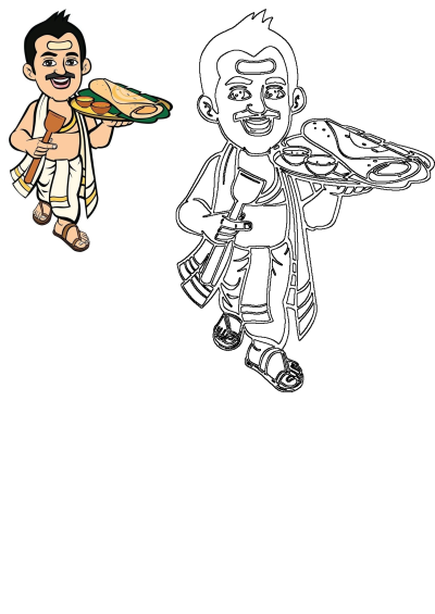 Cartoon illustration of a South Indian man in traditional attire serving a dosa with sambar and chutney on a plate, with a spatula in hand.