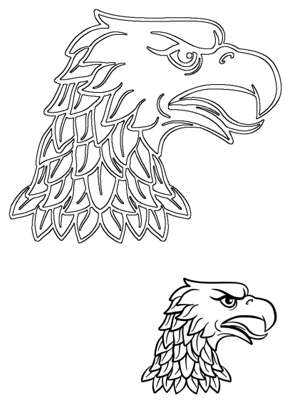 Black and white drawing of an eagle's head. The eagle looks strong, with a sharp beak and intense gaze. Great for designs and illustrations.