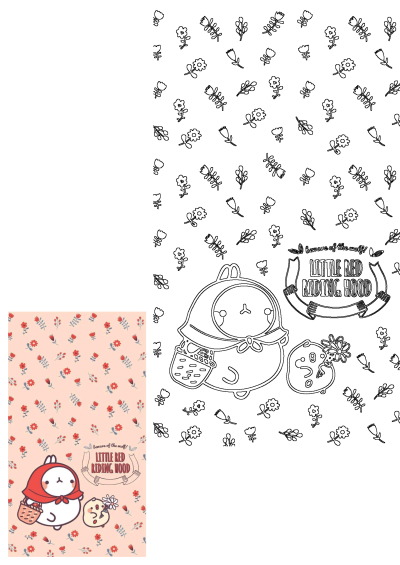 The image shows a cute Molang version of Little Red Riding Hood holding a flower and basket, on a floral background. Beware of the wolf!