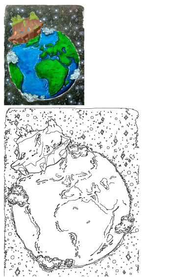 Whimsical drawing of the Earth with a floating island on top, drawn in a cartoon style. A cat is not depicted as the alt indicated, there is a floating island. 