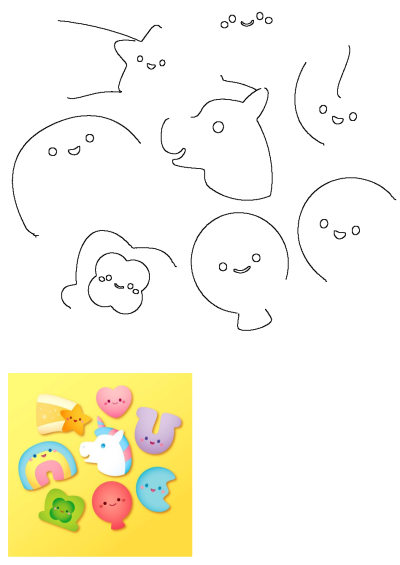 Cheerful image of cute Lucky Charms marshmallow shapes with smiling faces against a bright yellow background. Features a unicorn, rainbow, and more.