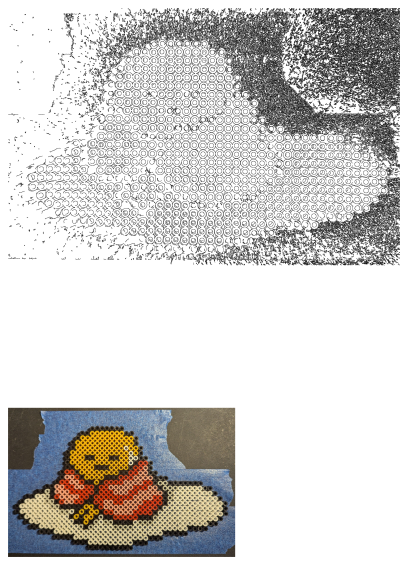 Pixel art of a fried egg made of plastic beads, displayed on a table. An image of a pixel art piece made out of legos and plastic beads.