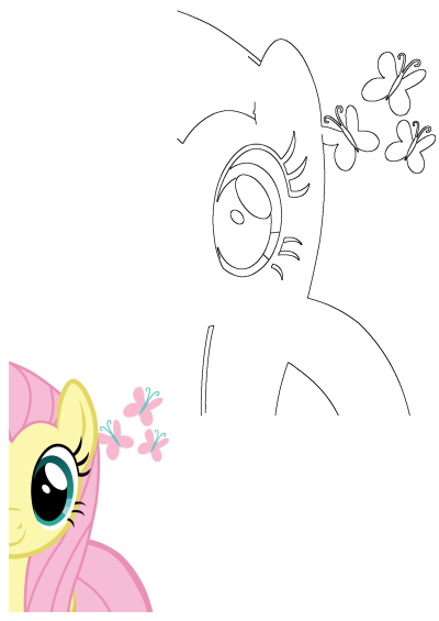 Close-up of Fluttershy from My Little Pony, showcasing her yellow coat, pink mane, and three pink butterflies with cyan accents.