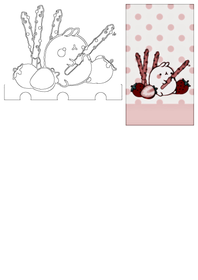 A kawaii bunny eating chocolate sticks, surrounded by strawberries. Cute cartoon illustration with pink polka dot background for added sweetness.