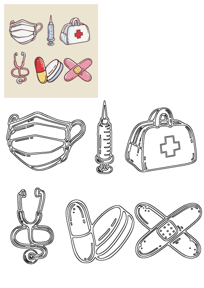 Cartoon illustration of medical tools including a face mask, injection, first aid bag, stethoscope, pills, and bandages.