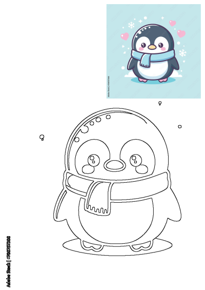 Adorable cartoon penguin wearing a blue scarf, set against a pastel blue background with hearts and snowflakes. A charming winter animal illustration.