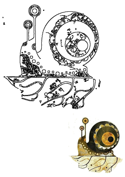 Artistic painting of a snail with intricate patterns, sitting atop a leaf. Features prominent circles and dots for a unique design.