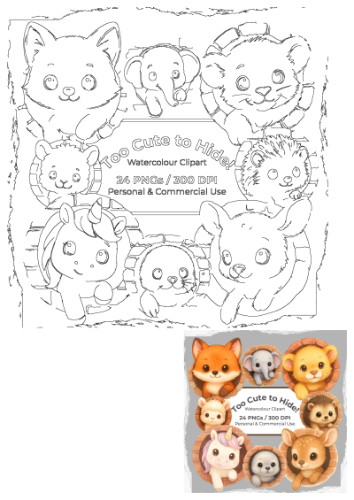 Pinterest: Watercolor clipart featuring a fox, elephant, lion, llama, unicorn, seal, deer, and hedgehog peeking from brick walls.