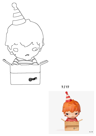 Toy doll with a red and white striped hat sitting inside a brown wooden box on a white background. Whimsical collectible figurine.