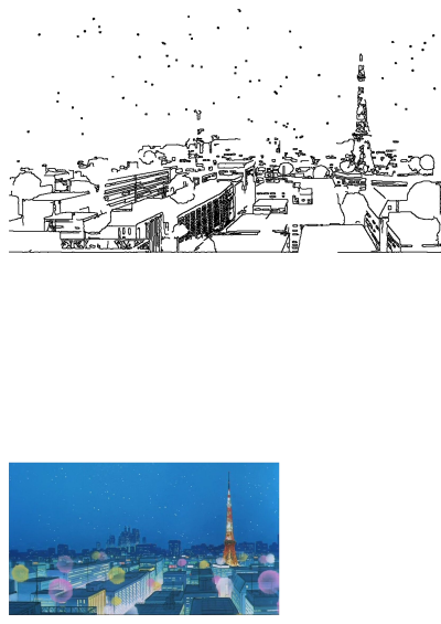 Anime-style illustration of a Tokyo cityscape at night. The Tokyo Tower is prominent against a blue sky filled with stars.