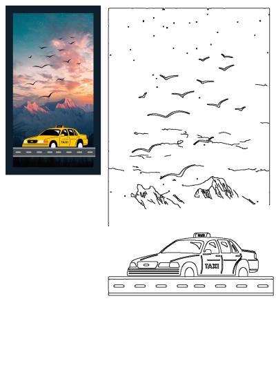 A yellow taxi cab driving down the road in front of snowy mountains with birds flying overhead against a colorful sky during sunset.