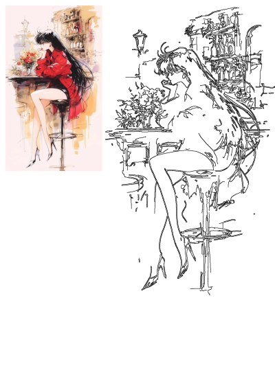 Drawing of a woman with flowers in her hair, wearing high heels, sitting at a table at a bar in a stylish red jacket and black dress.