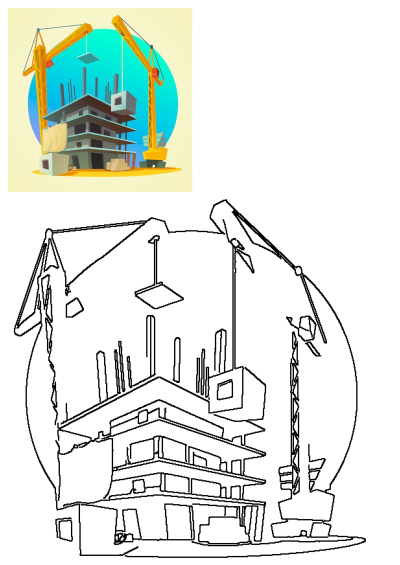 Cartoon illustration of a building under construction with two yellow cranes. Shows the construction process, emphasizing the lifting and building.