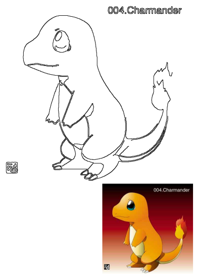 Cartoon image of Charmander, a popular Pokemon character. An orange lizard with a flame on its tail, as a cartoon character pokemon.