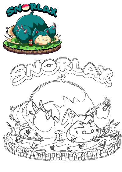 Cartoon Snorlax laying on a green field with an eaten apple beside it, beneath the word "Snorlax". Lazy Pokemon, resting in peace.