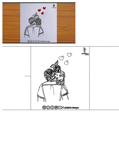 Drawing on paper featuring two people embracing with hearts flying out, expressing love and affection. Perfect for sentimental art inspiration.