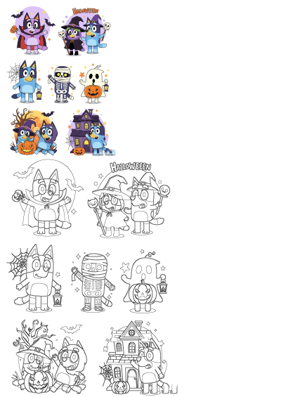 Bluey characters dressed in Halloween costumes: a vampire, witch, ghost, mummy, and in front of a haunted house. Cute Halloween illustrations.