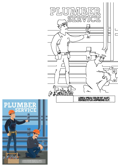 Plumber service vector illustration. Two plumbers replacing heating pipes with tools. Cartoon style plumbing service, heating pipes replacement.