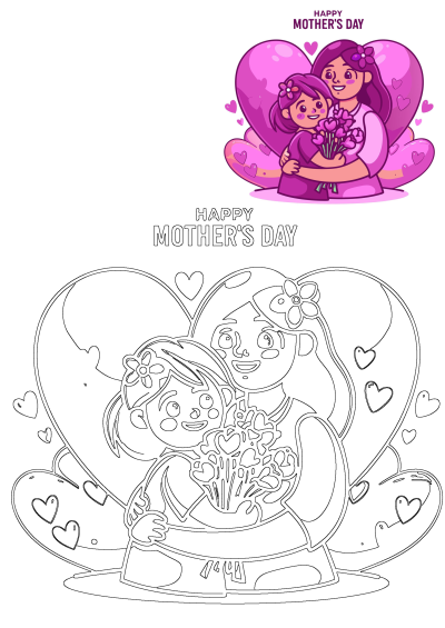 Happy Mother's Day card featuring a heartwarming scene of two girls embracing, surrounded by floating hearts. A touching illustration of maternal love.
