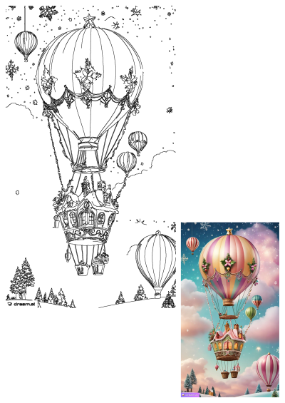 A hot air balloon with Christmas decorations floats in the sky, adding festive cheer to the whimsical winter landscape. Perfect for holiday greetings.