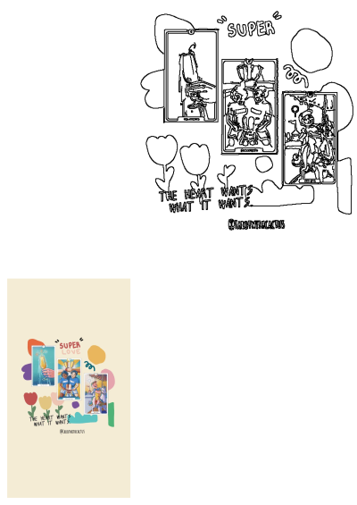 Bambam Twitter wallpaper featuring fun tarot cards, character design, and a message that 'the heart wants what it wants', with 'SUPER LOVE' above.