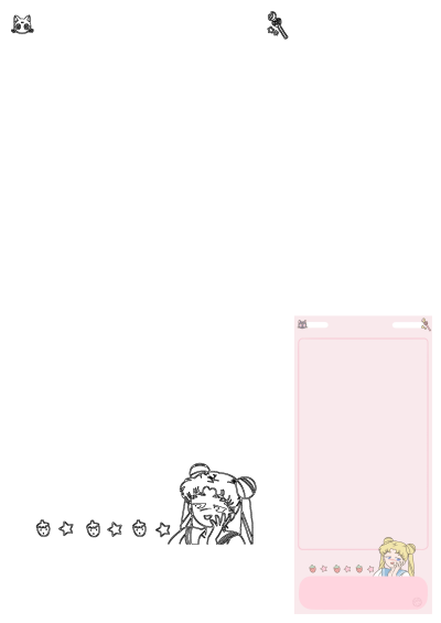 Sailor Moon themed pink background featuring cute illustrations of Sailor Moon, cats, stars and strawberries, perfect for phone wallpaper or organizer.