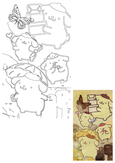 Cartoon characters with donuts and butterflies flying over them. Pompompurin cartoon characters surrounded by whimsical elements for a playful design.