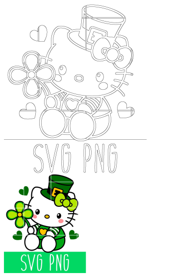 Hello Kitty wearing a St. Patrick's Day hat and holding a shamrock, SVG and PNG files for digital crafting.
