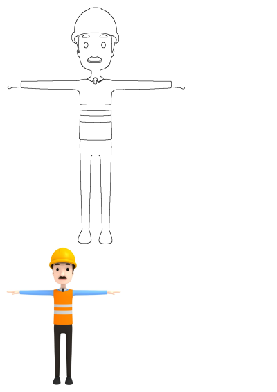 Cartoon man in an orange vest and yellow hardhat holding his arms out to the side with one hand. Illustration of a construction worker.