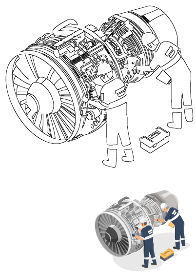 Two men working on an airplane engine, performing maintenance. Illustrated depiction of aviation mechanics inspecting and repairing jet engine components.