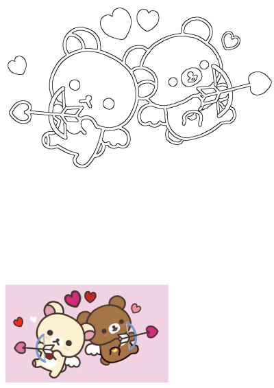 Cute Rilakkuma and Korilakkuma dressed as cupid bears with heart arrows against a pink background with hearts. Kawaii Valentine's Day.